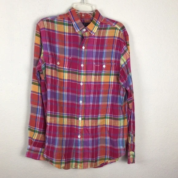 Polo-RL bright plaid button up shirt in linen-M - Picture 1 of 9